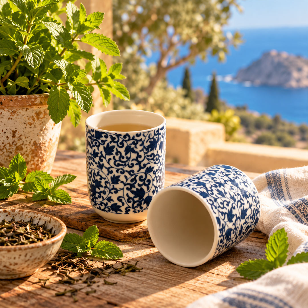 Two blue and white patterned ceramic cups on a wooden table with mint leaves, loose tea, and a potted plant, with a sunny coastal sea background.