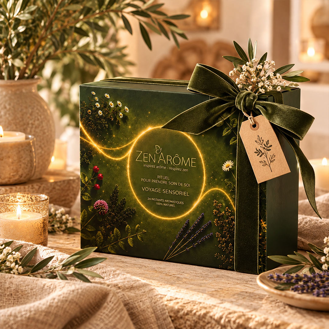 A dark green gift box from Zen arome Aromatherapy Advent Calender, decorated with a large green velvet ribbon and a small paper tag, styled on a burlap tablecloth with candles, dried lavender, and greenery.