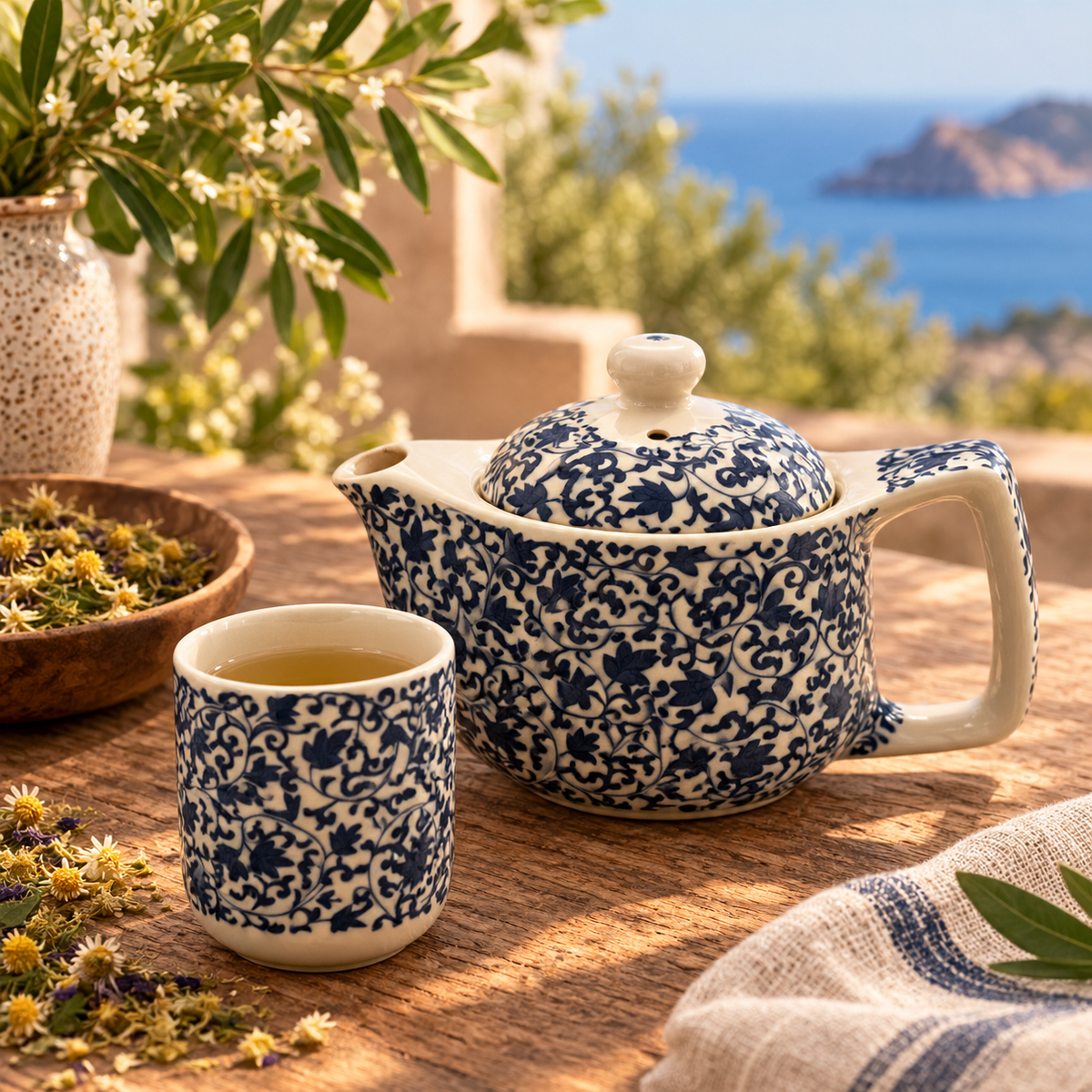 A blue and white patterned ceramic teapot and matching cup on a wooden table, with a blurred coastal outdoor background showing the sea and greenery.