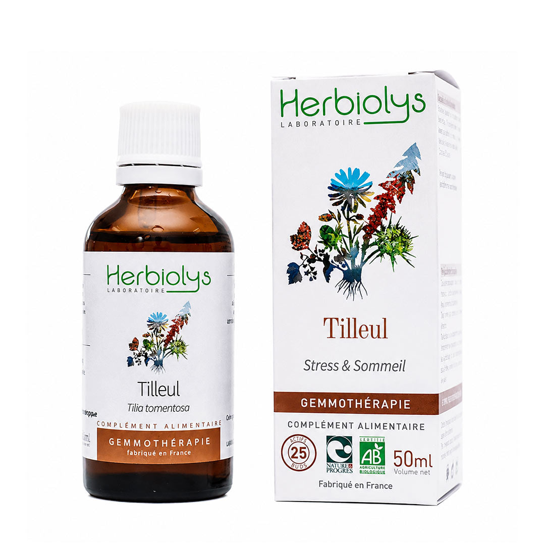 A bottle and box of Herbiolys Laboratoires Tilleul Stress & Sommeil gemmotherapy supplement, featuring an amber glass bottle with a white cap and a white box with botanical illustrations.