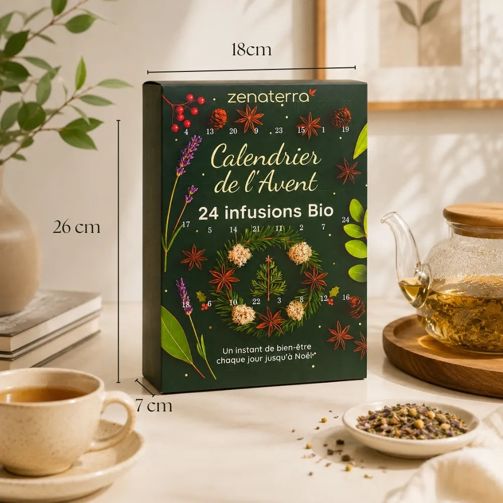 A boxed advent calendar product labeled 'zenaterra Calendrier de l'Avent 24 infusions Bio' stands on a tabletop in a styled kitchen-like setting. The box is dark green with botanical illustrations and white text.