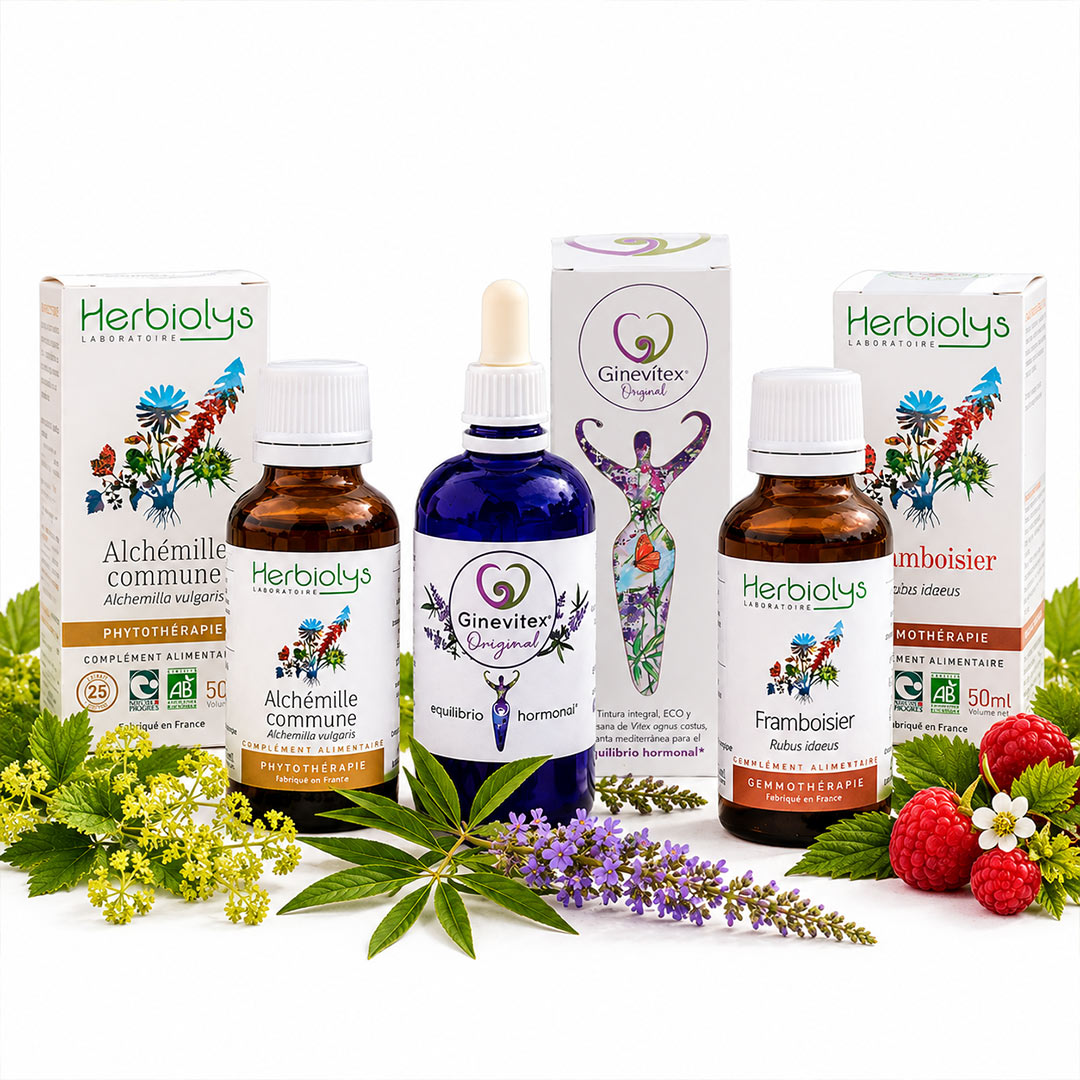 A product lineup of Herbiolys and Ginevitex herbal supplements, including two amber glass bottles, one blue dropper bottle, and two white cardboard boxes, styled with fresh herbs, flowers, and berries on a white background.