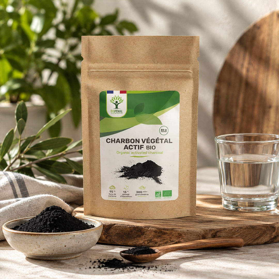 A stand-up pouch of bio activated charcoal stands on a wooden board with a glass of water, a small bowl of black charcoal, and a wooden spoon in a styled setting with green plants in the background.