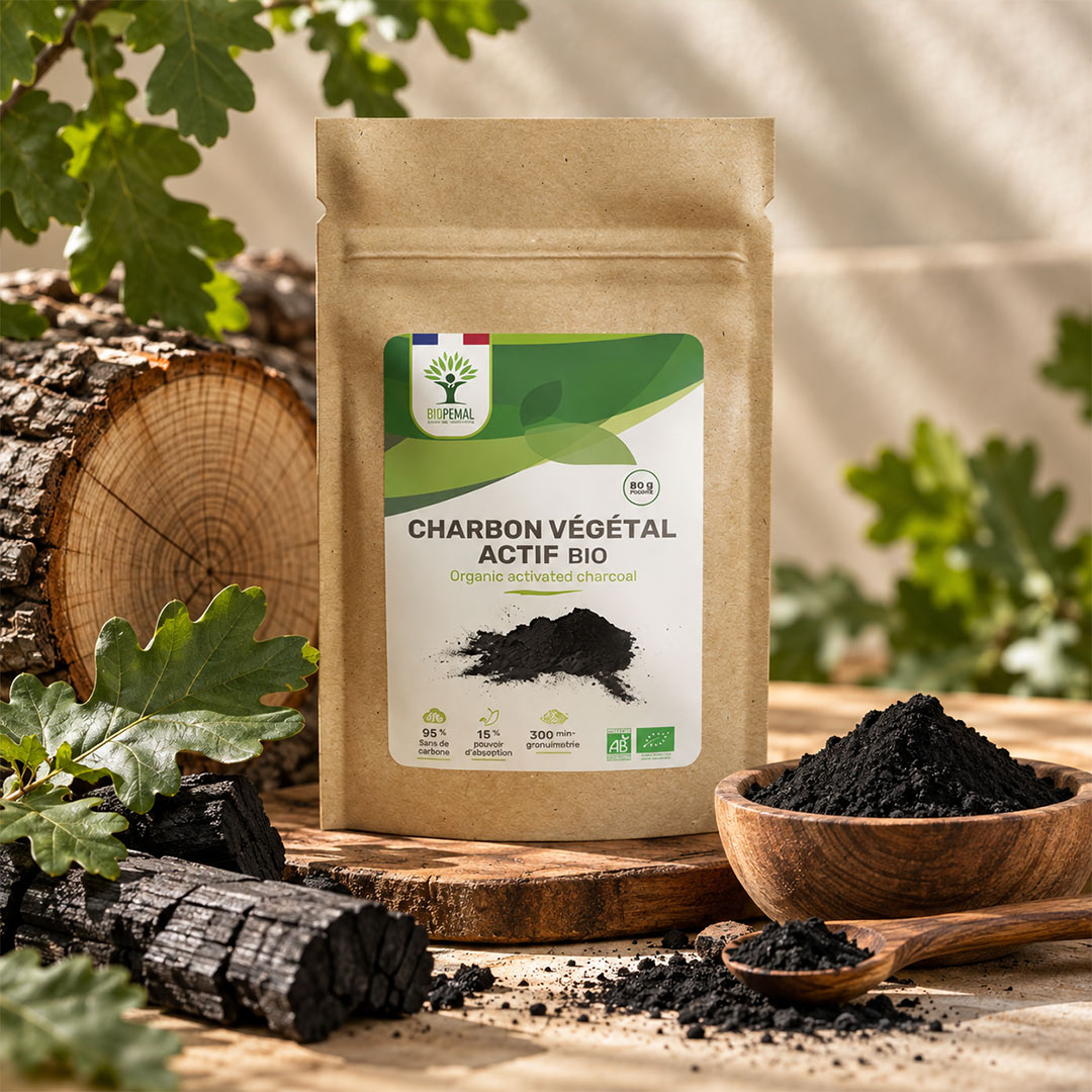 A stand-up pouch of Bioptimal CHARBON VÉGÉTAL ACTIF BIO organic charcoal, styled on a wooden board with a bowl of loose charcoal, a wooden spoon, and natural green leaves in the background.
