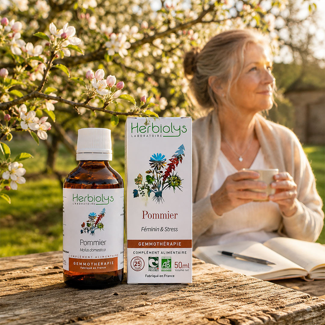 A bottle and box of Herbiolys Gemmotherapy 'Pommier' (apple tree) herbal supplement are displayed on a rustic wooden table outdoors, with a woman holding a cup in the background among blooming apple trees.