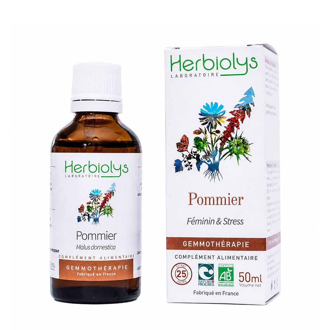 A bottle and box of Herbiolys Laboratoires Pommier gemmotherapy supplement, featuring an amber glass bottle with a white cap and a white box with colorful botanical illustrations.