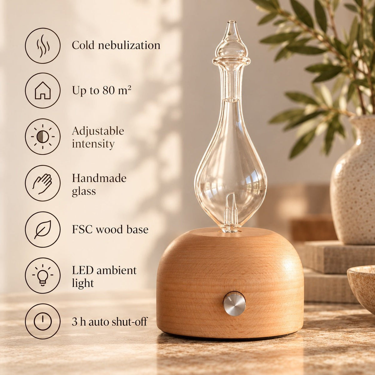 Zen Arome Aurora Cold Nebulization Diffuser – FSC Wood & Hand-Crafted Glass - Elliotti