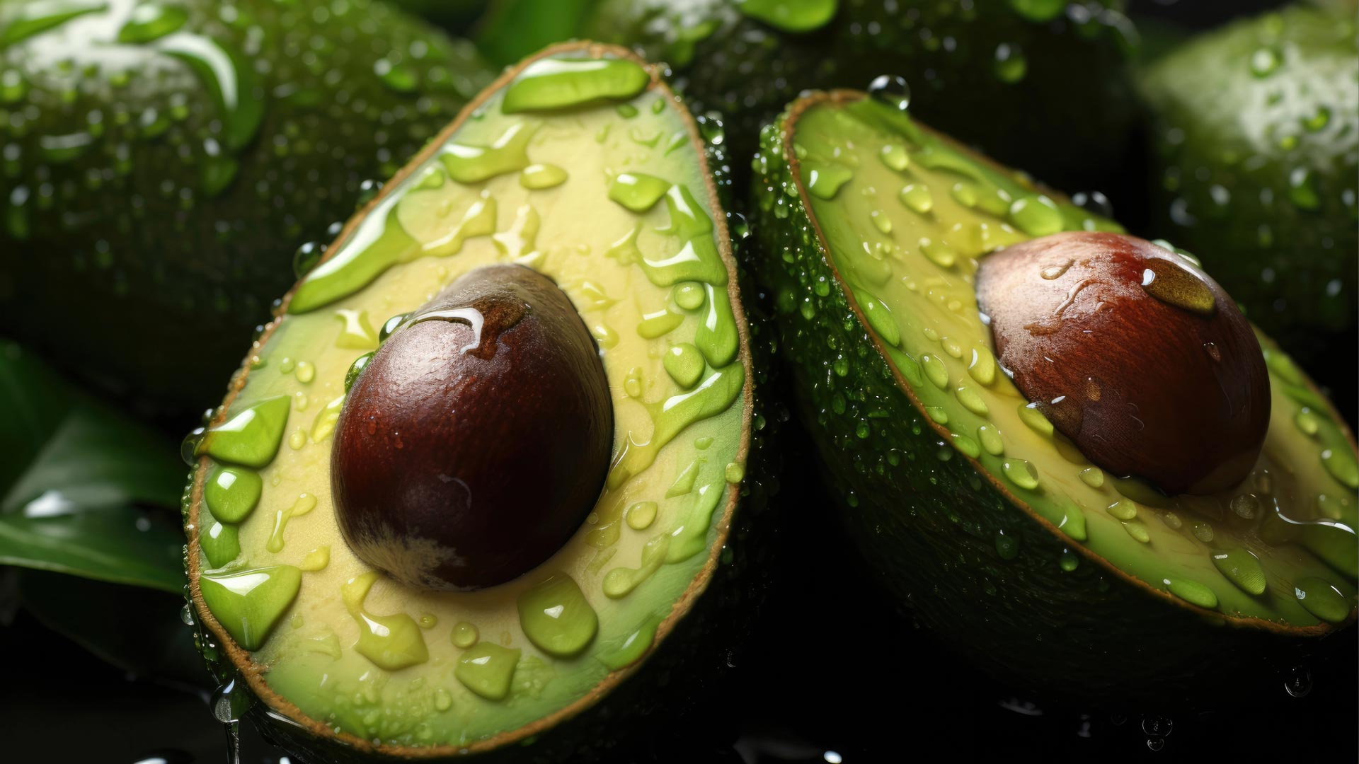 Avocados sliced in two with water drops on them