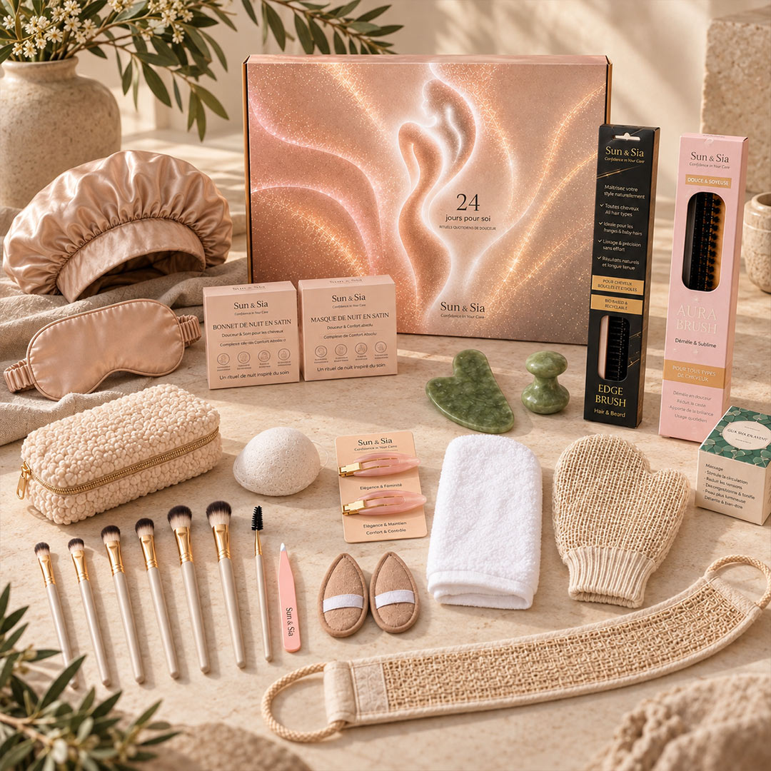 A 24-hour Beauty Advent Calendar set arranged on a beige fabric surface with a soft neutral background. The set includes a large rose-gold metallic box with a foot silhouette, a satin shower cap, a sleep mask, a textured pouch, makeup brushes, a towel, a face mask, a gua sha stone set, and other spa accessories.