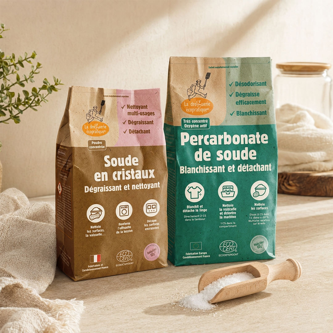 Two bags of Sodim Percarbonate and Soda Crystals are displayed on a light wooden surface with a wooden scoop of white soda crystals in front. The left bag is brown with a pink label, and the right bag is teal with a green label.