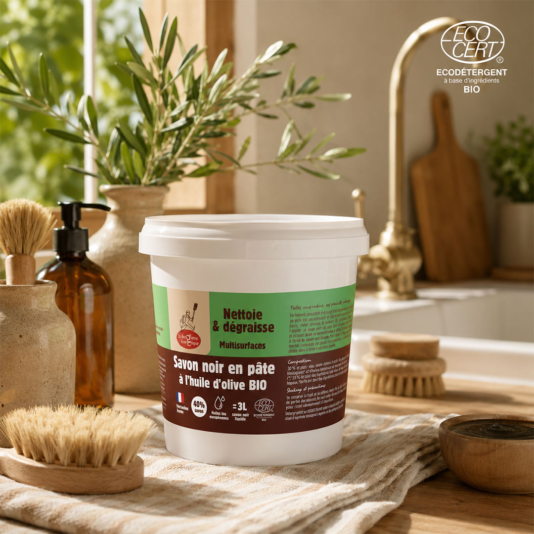 A white plastic tub of Bio Savon Noir en Pâte (multisurfactant cleaning soap) on a rustic kitchen towel in a warm, sunlit kitchen setting with olive branches and brass fixtures.