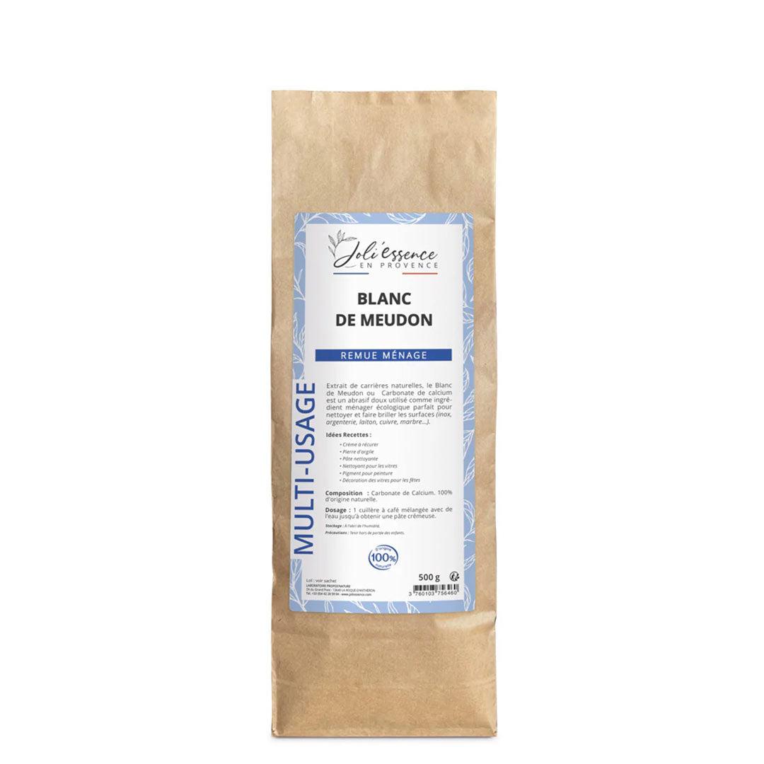 Kraft paper packaging with a white label for 'Blanc de Meudon' on a white background