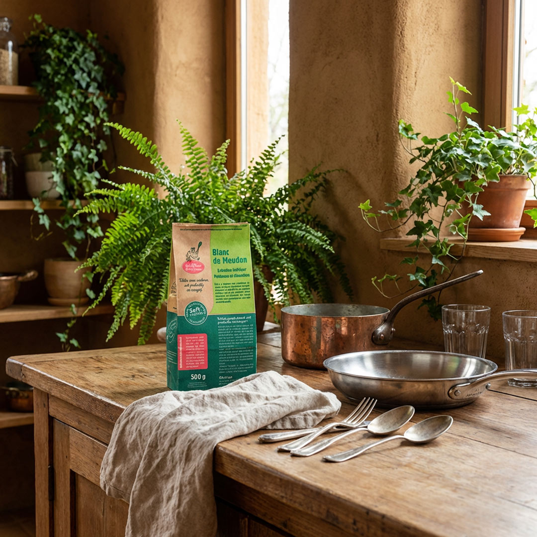 Kitchen counter with a bag of Blanc de Meaudon, pots, and utensils in a warm, rustic setting.
