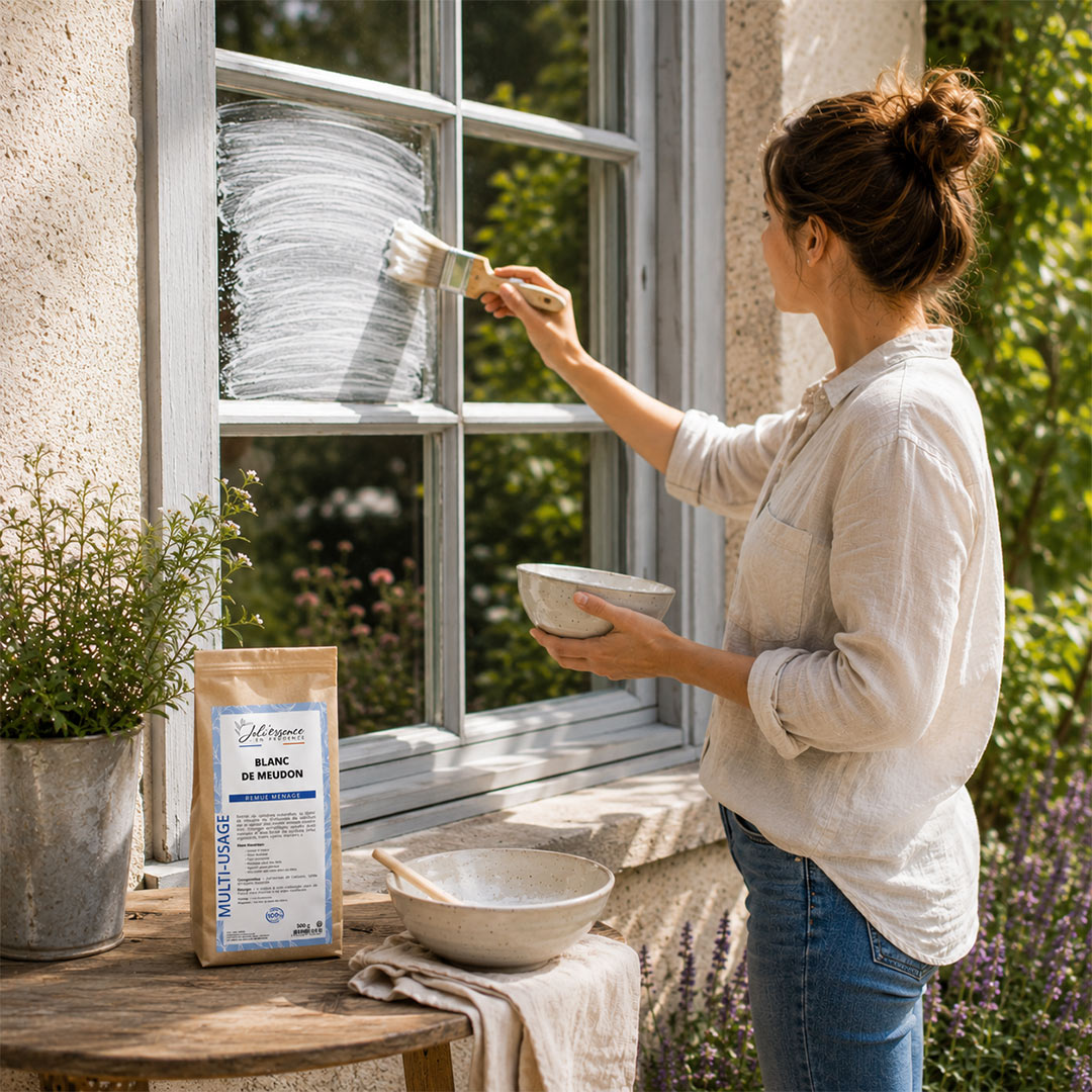 Woman painting a window with a paintbrush, standing next to a table with a bag of Blanc de Meudon and a bowl.