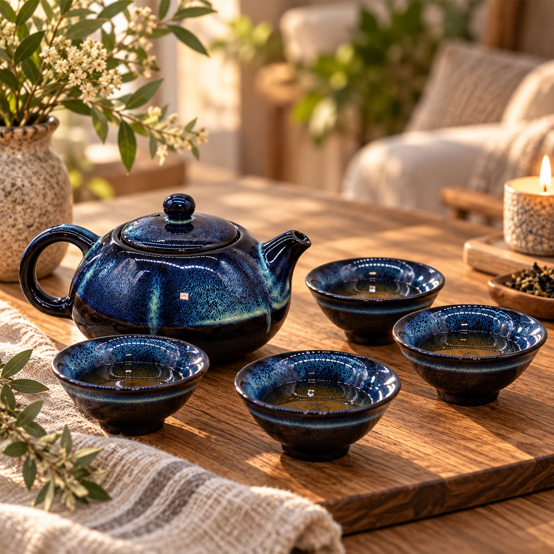 A ceramic tea set with a glossy dark blue teapot and four matching small cups arranged on a wooden tray in a warm, softly blurred indoor setting.