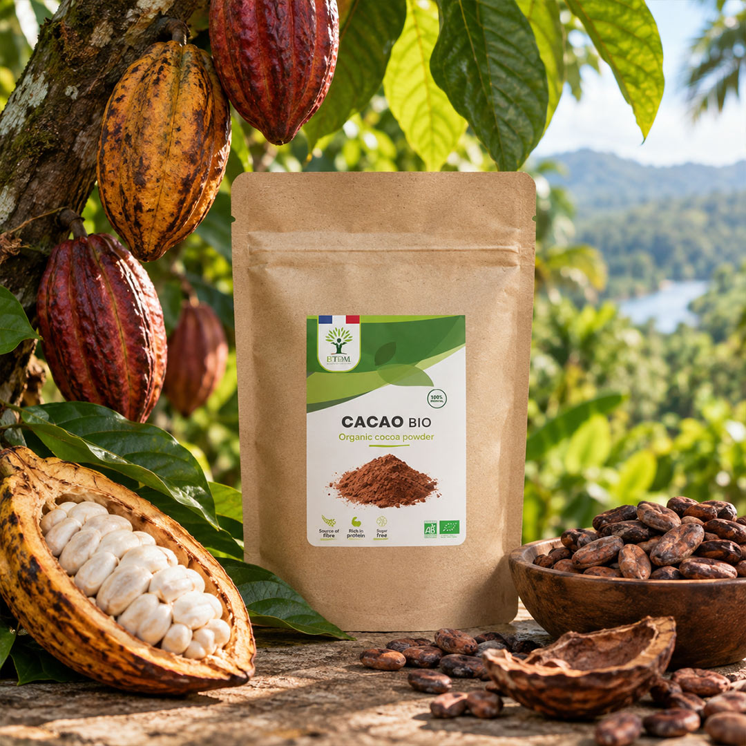 A kraft paper pouch labeled 'Cacao Bio' stands on a wooden surface outdoors, surrounded by cacao pods, a cracked pod showing white beans, and a bowl of cacao beans, with leafy trees and a scenic landscape in the background.
