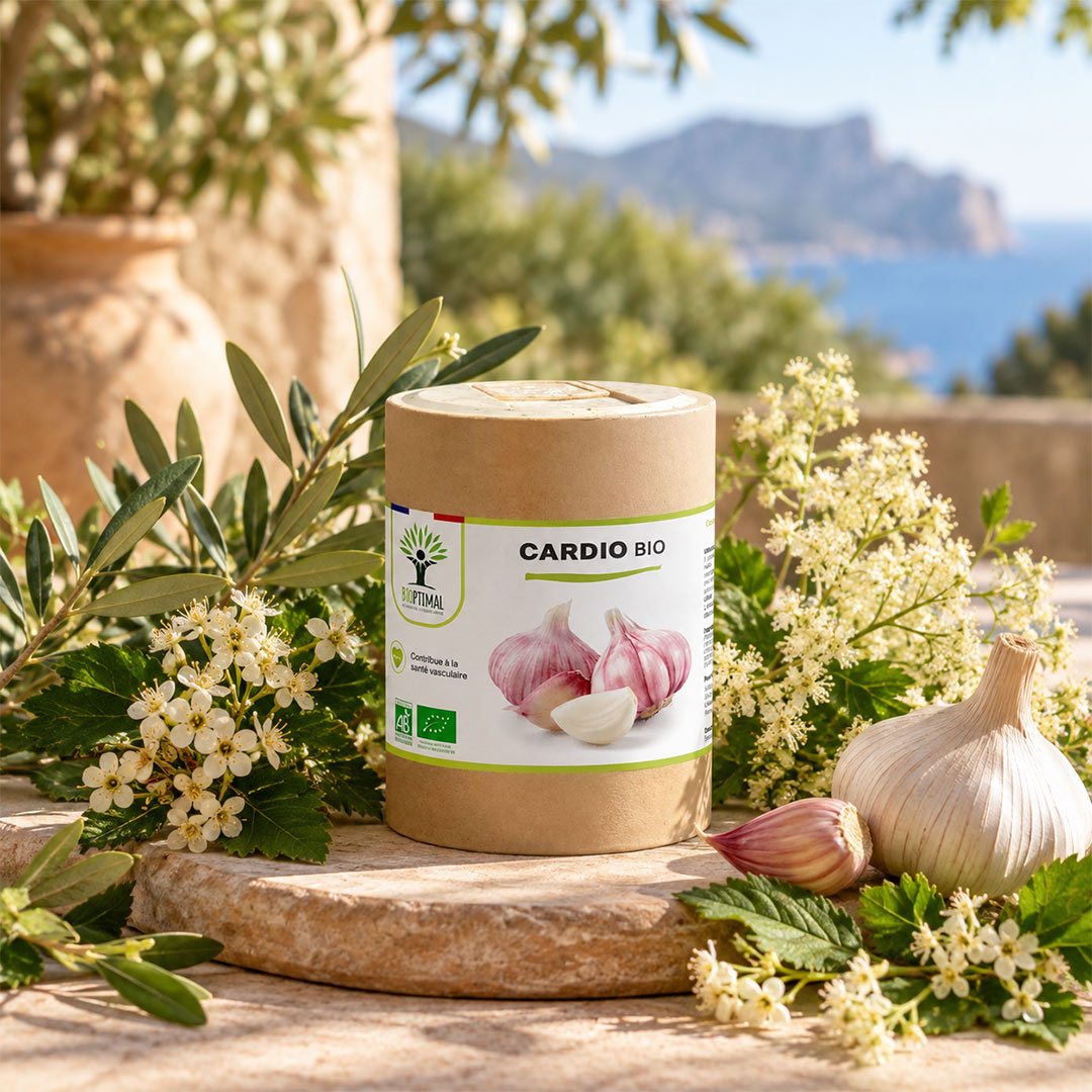 A cylindrical kraft paper jar labeled 'CARDIO BIO' with garlic illustrations on the front, styled outdoors on a stone slab with olive branches, white flowers, and a whole garlic bulb. A blurred coastal landscape is visible in the background.