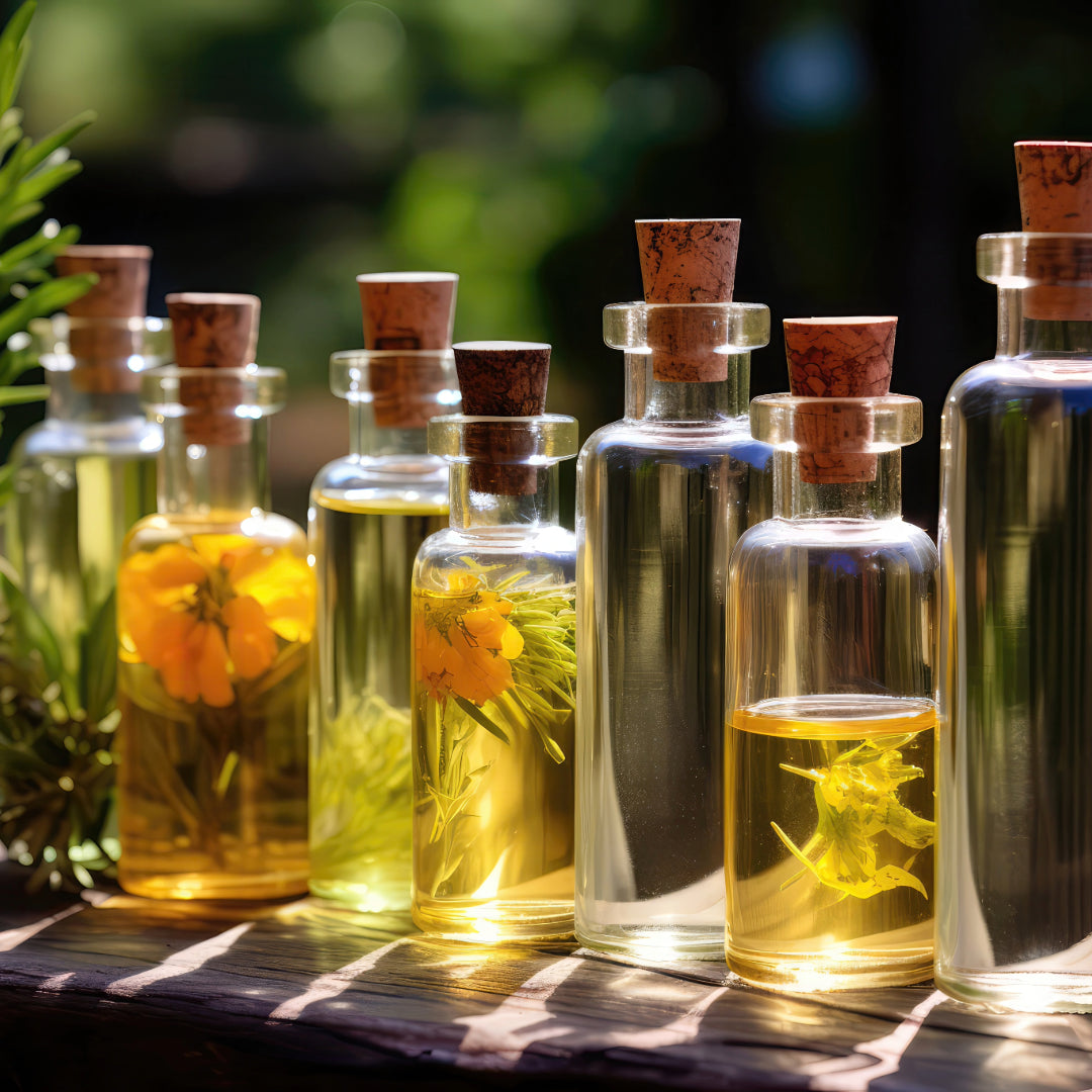 Glass bottles standing in a row with different carrier oils with flowers inside the bottles