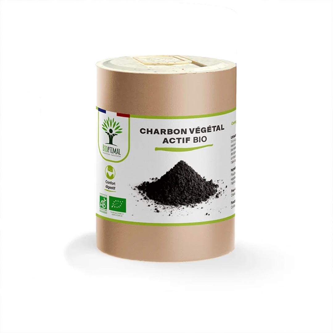 Bio activated vegetable charcoal packaging on a white background