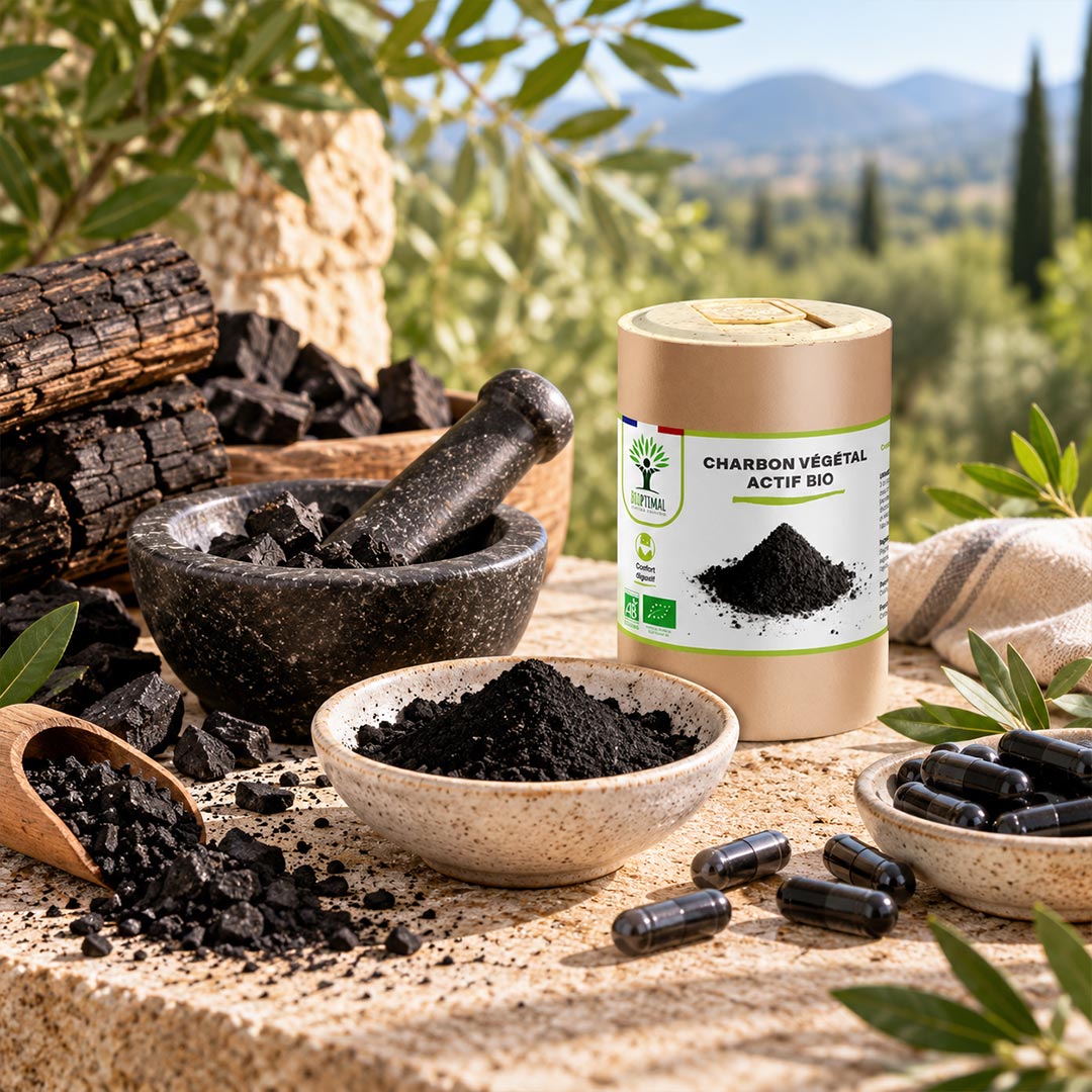 A cylindrical kraft paper container labeled 'CHARBON VÉGÉTAL ACTIF BIO' stands on a stone surface with bowls of black powder, charcoal pieces, and dark capsules. Charcoal logs, a mortar and pestle, and green leaves are arranged around it, with an outdoor mountain landscape blurred in the background.