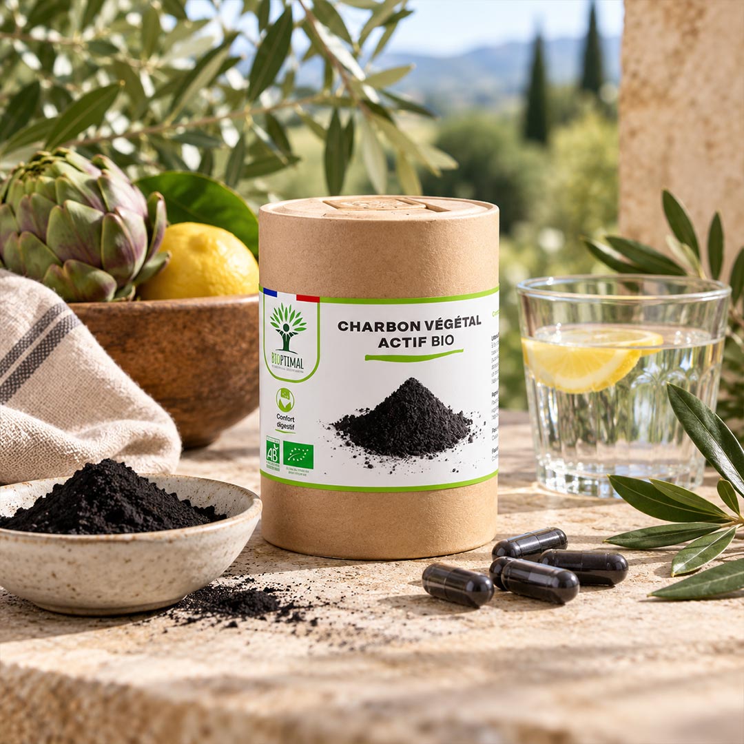 A cylindrical kraft paper supplement container labeled 'CHARBON VÉGETAL ACTIF BIO' stands on a stone surface outdoors, surrounded by olive leaves, a lemon, artichoke, a bowl of black powder, loose capsules, and a glass of water with lemon. The product packaging is centered and clearly visible.