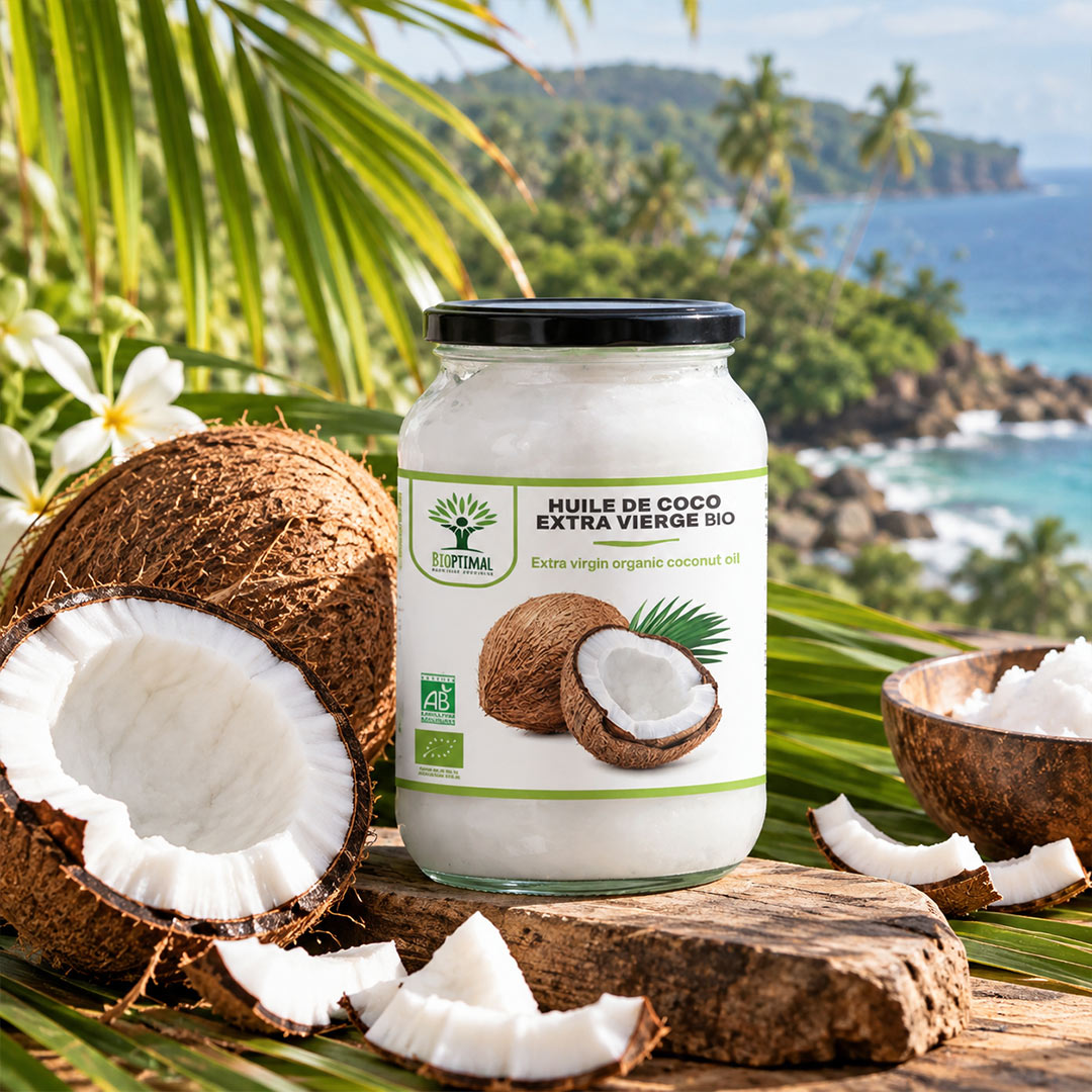 A jar of Bioptimal extra virgin organic coconut oil stands on a wooden surface outdoors, surrounded by coconuts, coconut pieces, and tropical palm leaves, with a blurred beach and ocean background.