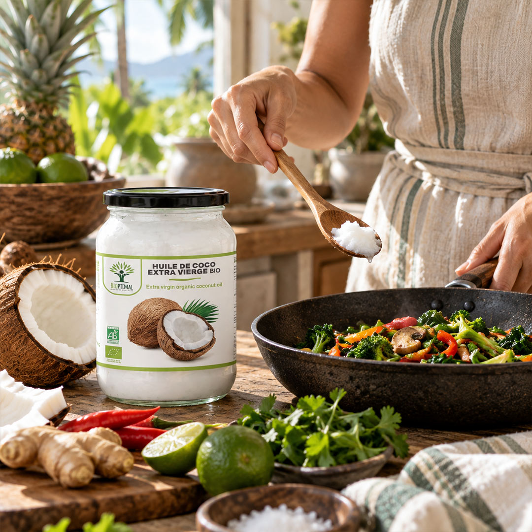A jar of organic coconut oil sits on a rustic kitchen table next to a person wearing a striped apron, who is holding a wooden spoon filled with salt over a pan of cooked vegetables. Fresh limes, ginger, and chili peppers are scattered on the table.