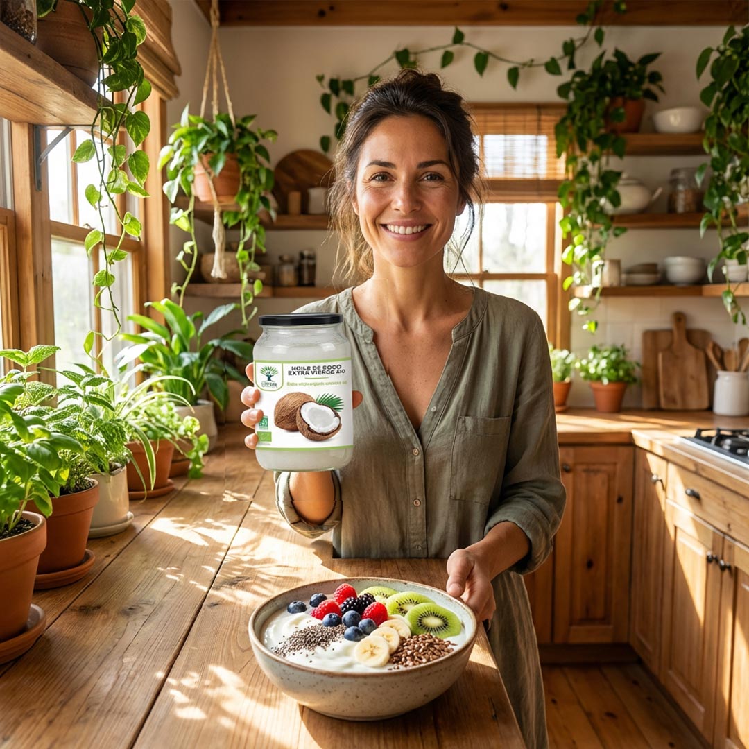 Woman holding a jar of coconut yogurt in a kitchen with plants and a bowl of fruit.