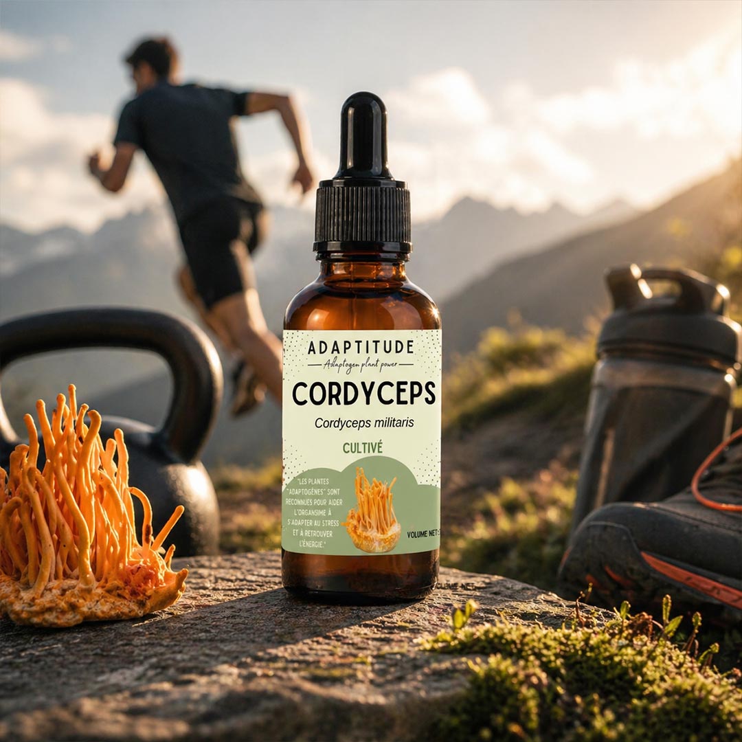 Bottle of Adaptitude Cordyceps supplement with a person running in the background