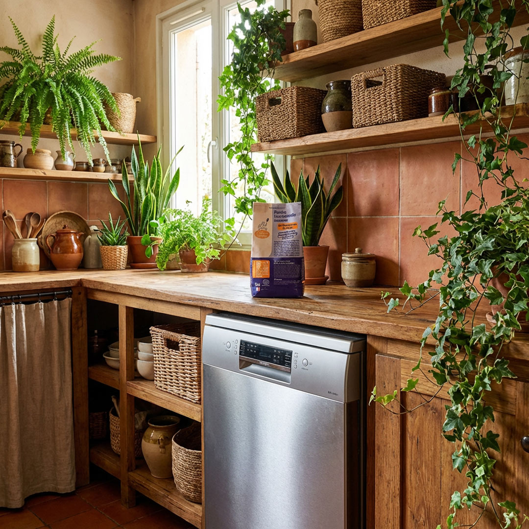 Ecological dishwasher powder in a craft bag on a kitchen counter with wooden cabinets, plants, and a dishwasher.