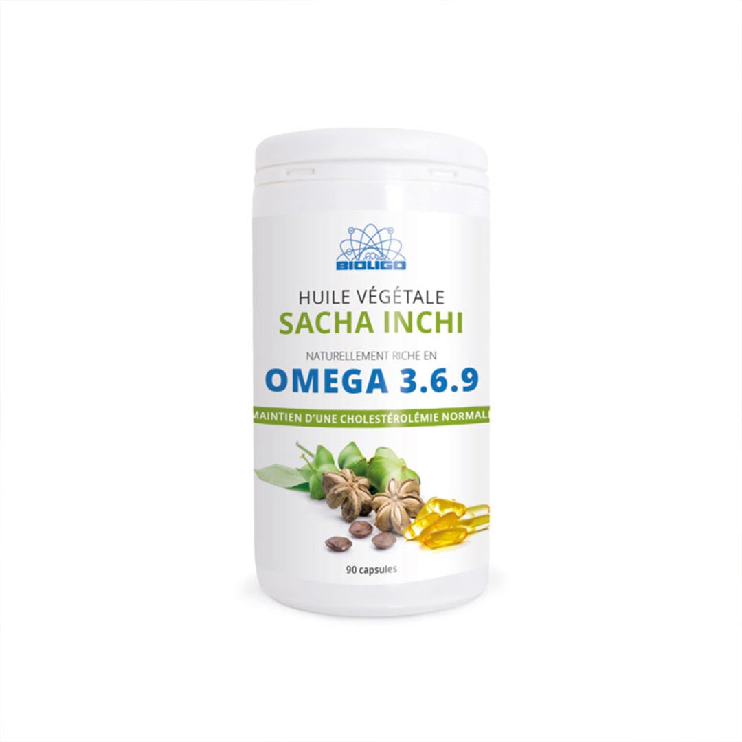 Supplement container with Sacha Inchi oil and Omega 3,6,9 on a white background