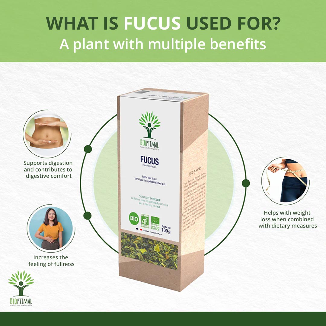 Fucus product packaging with benefits on a green and white background