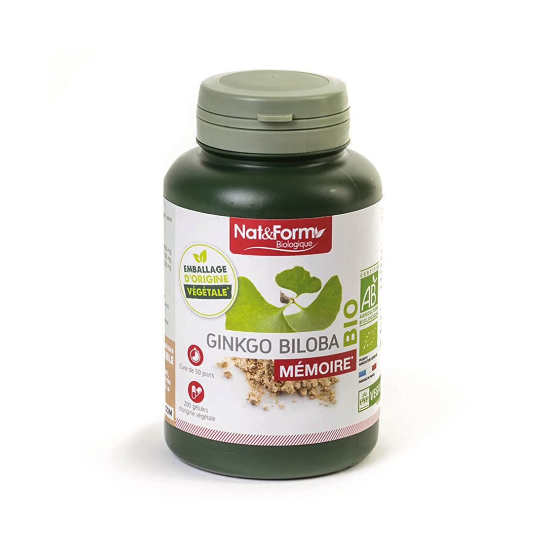 Green supplement bottle with Nat&Form label on a white background-Ginkgo biloba 200 capsules