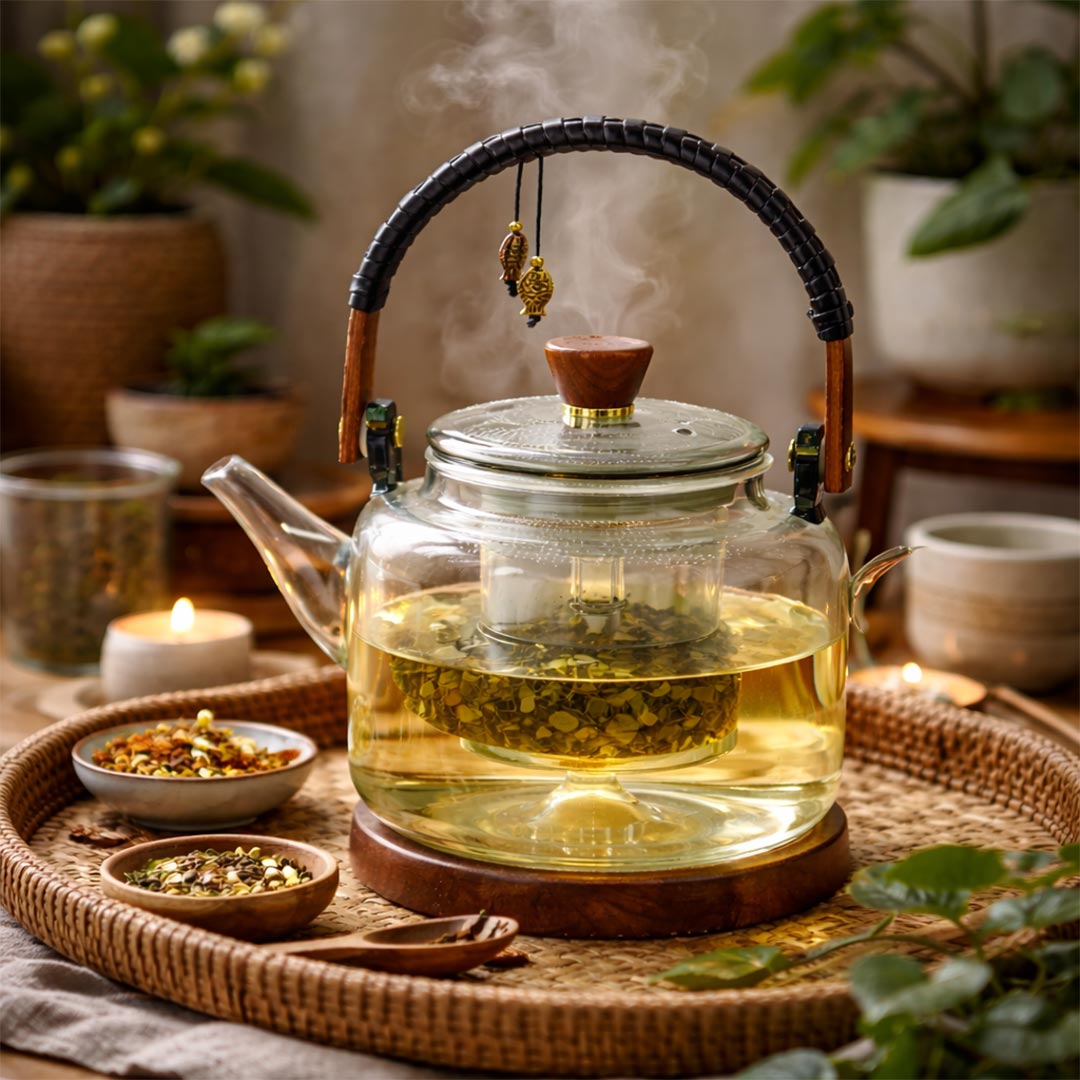 Glass teapot with steaming tea on a woven tray with tea leaves and utensils.