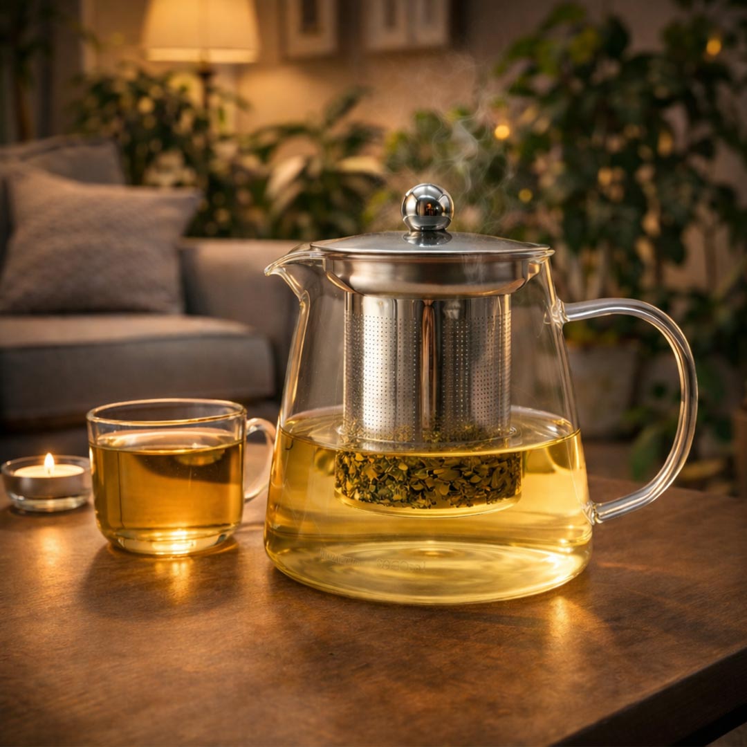Teapot with a glass container and a cup of tea on a wooden table in a cozy living room setting.