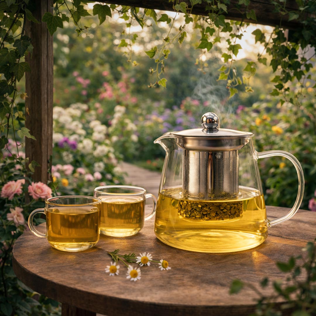 Tea set with a teapot and cups on a wooden table in a garden setting.