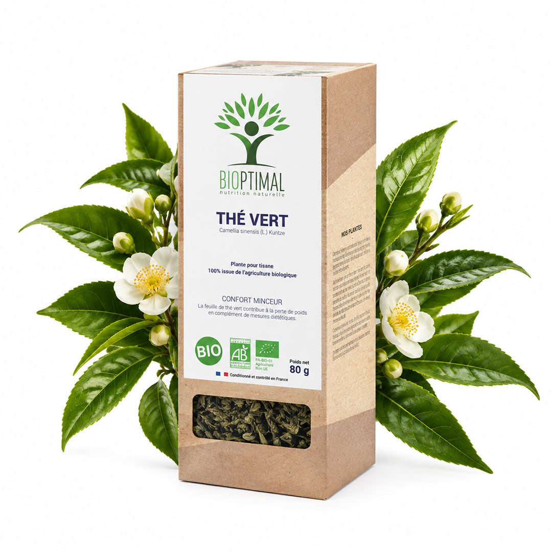 A box of Bioptimal Thé Vert organic green tea, styled with fresh green tea leaves and white flowers on a clean white background.