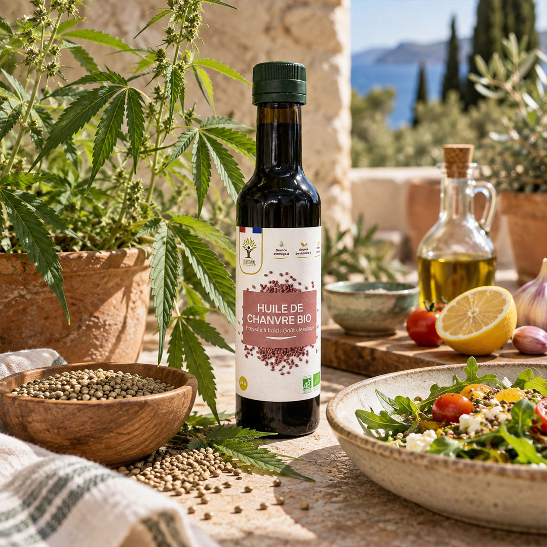 A bottle of bio cannabis oil stands on a stone table outdoors, surrounded by potted cannabis plants, a salad bowl, a wooden bowl of seeds, and other kitchen ingredients. The label reads 'HUILE DE CHANVRE BIO'.