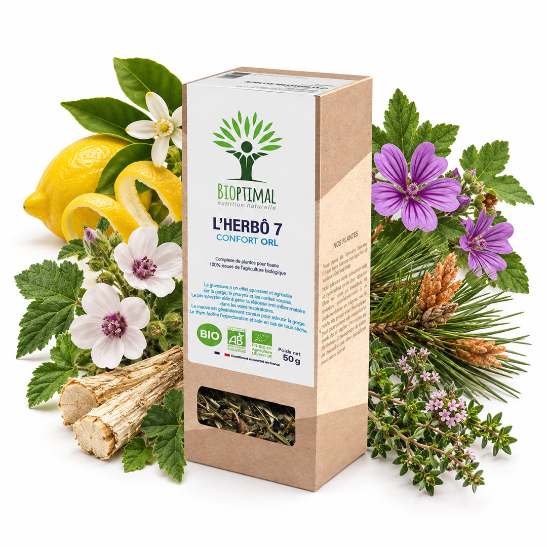 A 50g box of Biopimal L'Herbó 7 Confort Orl herbal tea, styled with its raw ingredients including wildflowers, green leaves, a lemon, and roots on a white background.