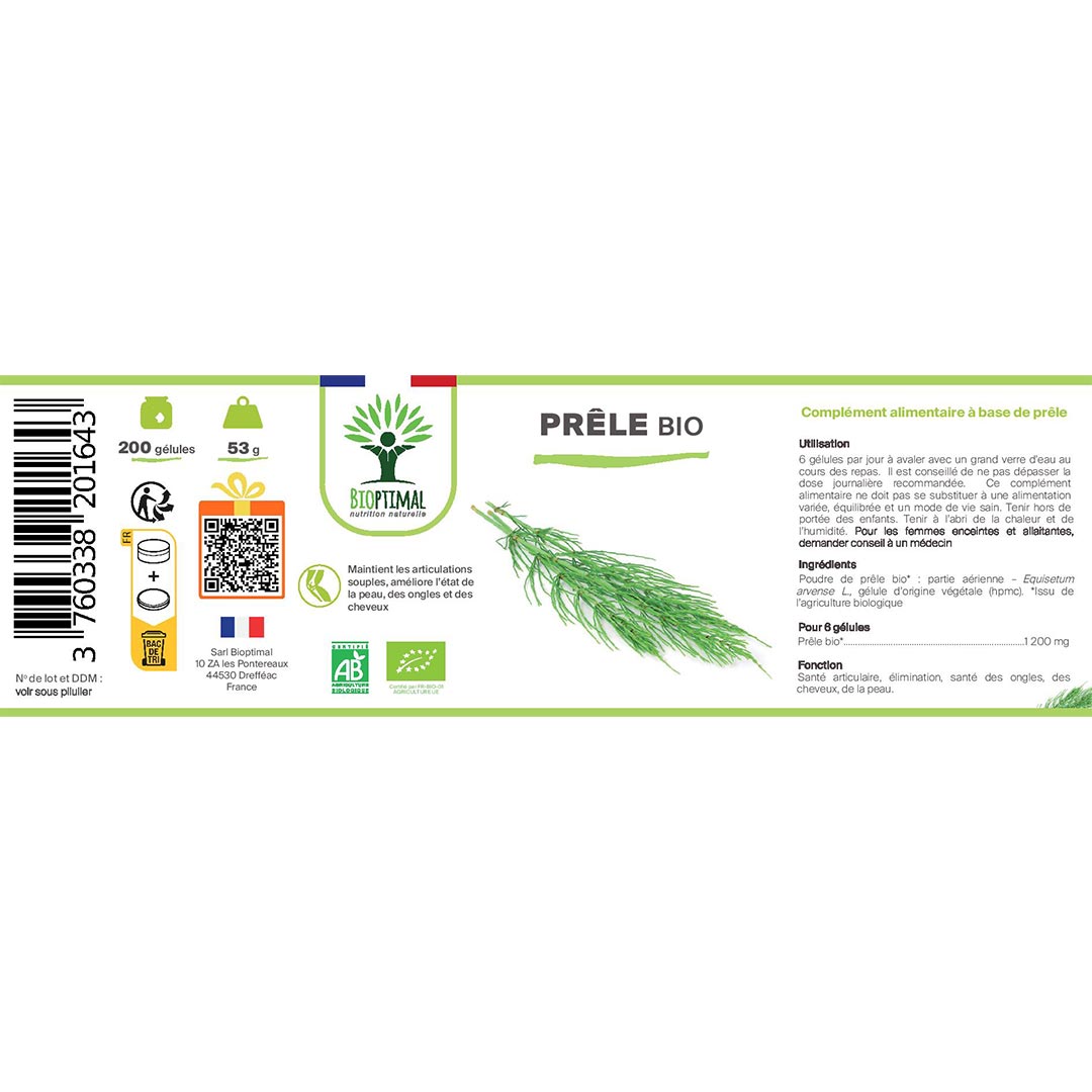 Front and back views of a Bioptimal 'Prèle Bio' organic horsetail supplement label, showing product details, ingredients, and barcode on a white background.
