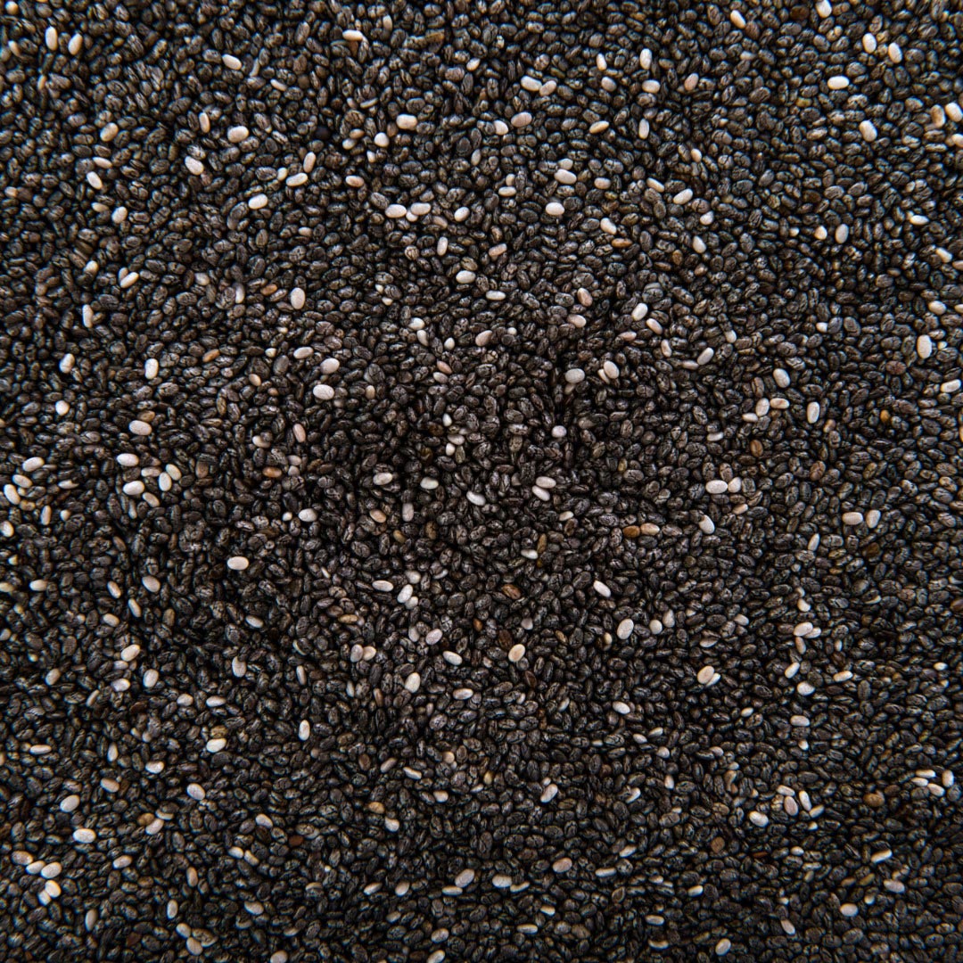 Close-up of black and white chia seeds