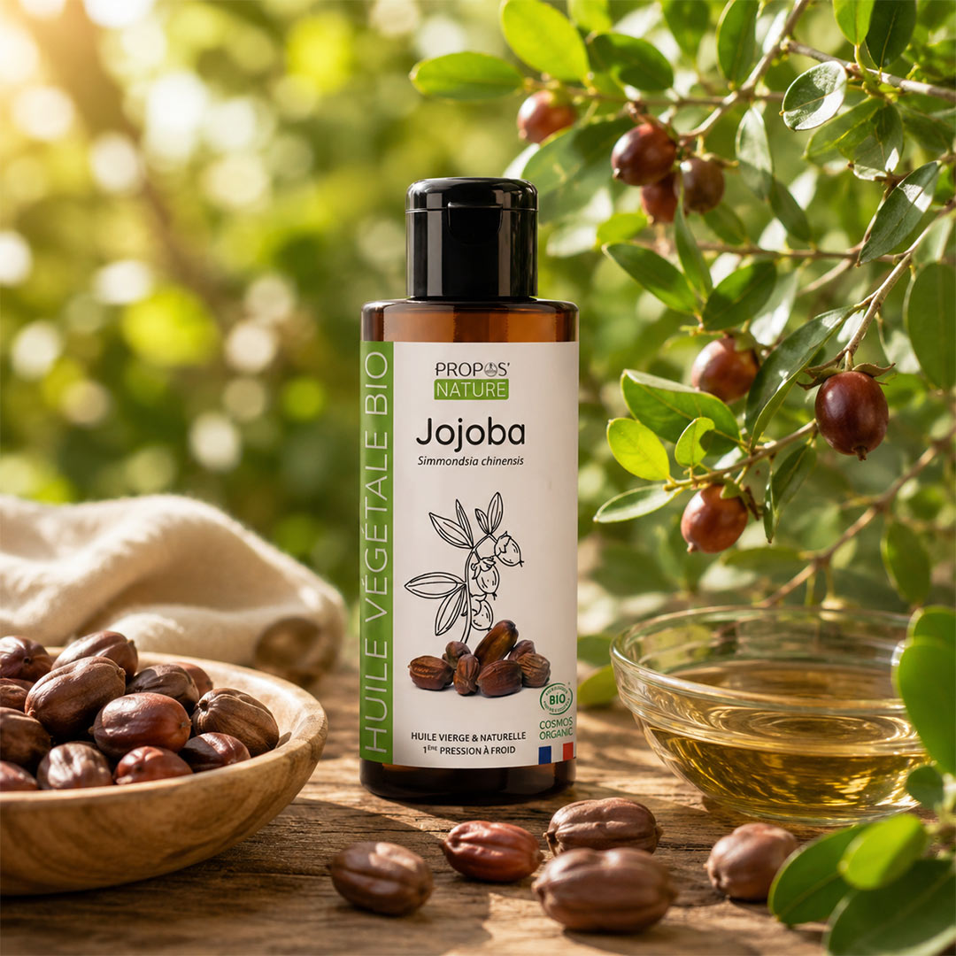 Bottle of Propos'Nature Jojoba oil with jojoba seeds and leaves on a wooden surface.