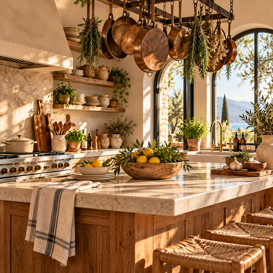 A warm, rustic kitchen interior with a large marble island, wooden cabinetry, hanging copper pots, shelves of dishes, and potted plants. Sunlight streams in from arched windows, and a towel hangs from the side of the island.