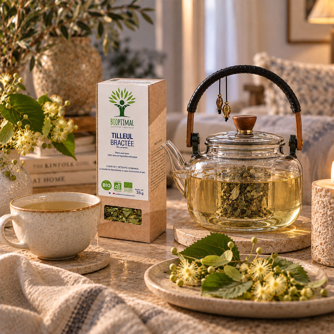 A glass teapot filled with brewed tea and loose leaf tea sits on a table beside a cup of tea, a branded tea box, a candle, and fresh green leaves in a warm, styled interior setting.