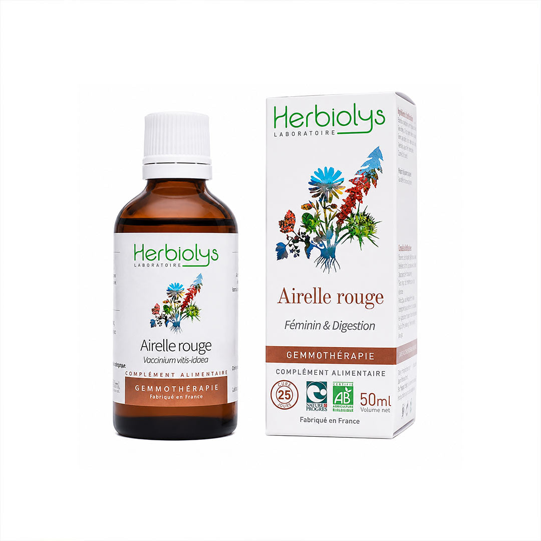 A bottle and box of Herbolys Laboratoires Airelle rouge (red clover) gemmotherapy supplement, 50ml, on a white background.