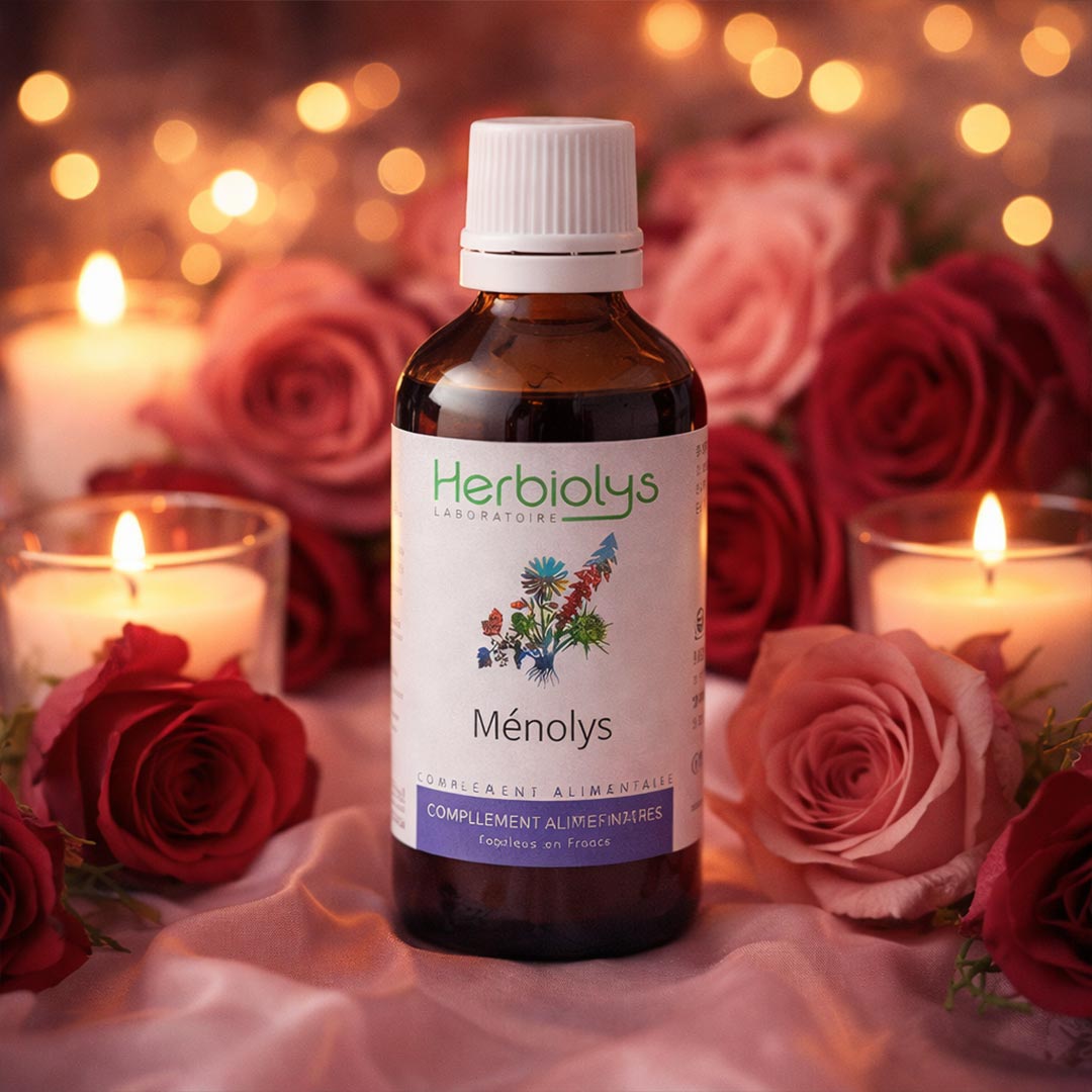 Herbiolys bottle of Menolys with roses and candles in the background