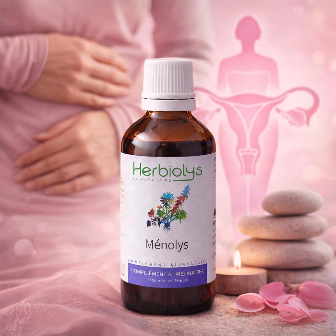 Herbiolys Menolys bottle with a pink background featuring a silhouette of a woman and stones.
