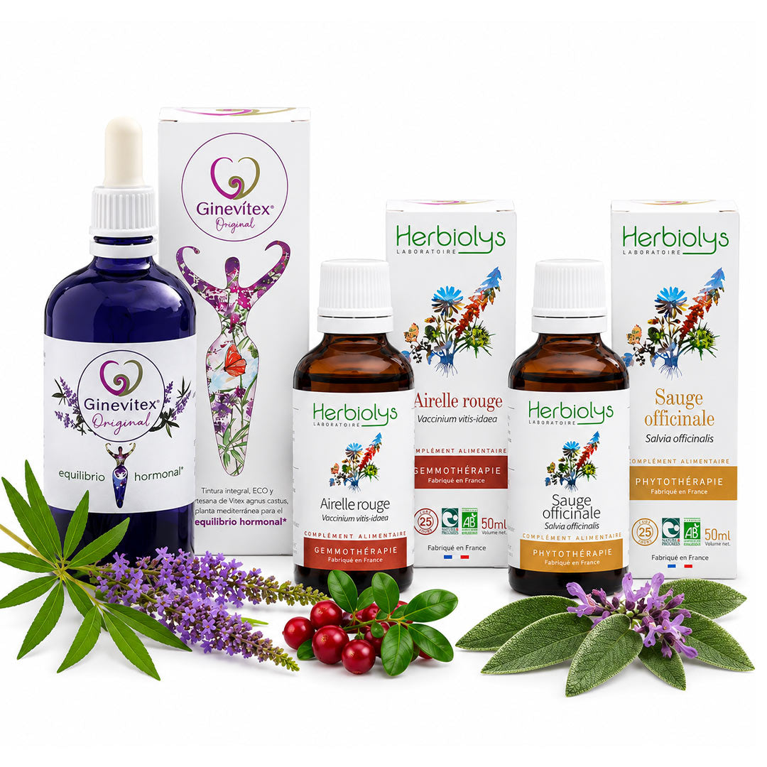 A product lineup of herbal supplements from Ginevitex and Herbiolys, featuring a blue dropper bottle, amber glass bottles, white cartons, and fresh botanical elements like purple lavender, red berries, and green leaves, arranged on a white background.