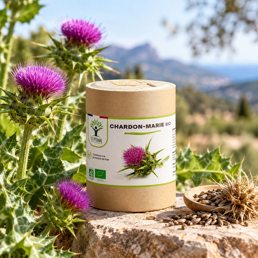 A cylindrical kraft paper tub labeled “CHARDON-MARIE BIO” sits on a stone outdoors, surrounded by purple thistle flowers and thistle seeds, with a blurred mountain landscape in the background.