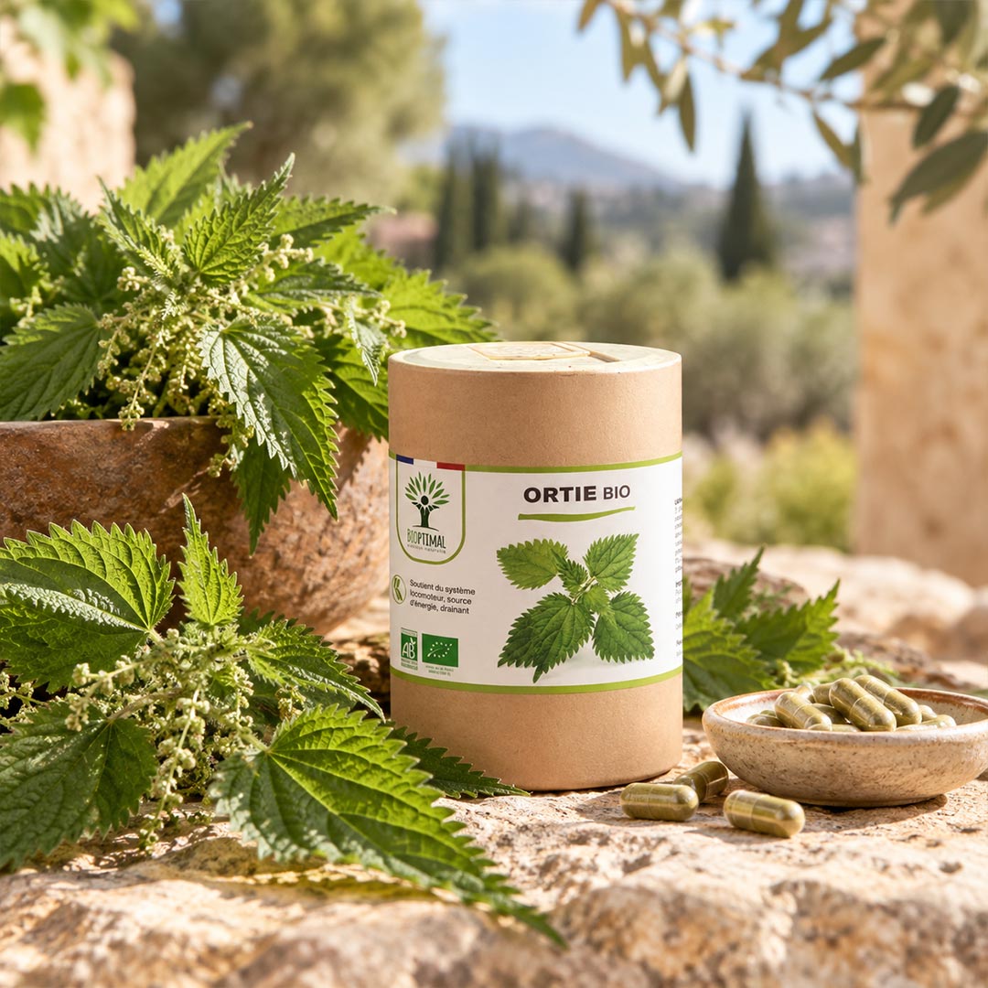 A cylindrical kraft paper supplement container labeled 'ORTIE BIO' stands on a stone surface outdoors, surrounded by green nettle plants, loose capsules in a small bowl, and more nettle leaves. The background shows a blurred garden landscape with trees and hills.